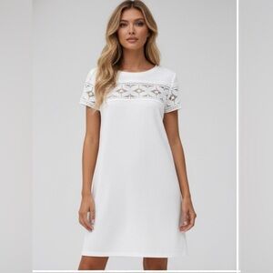 Contrast Guipure Lace Tee Dress White
